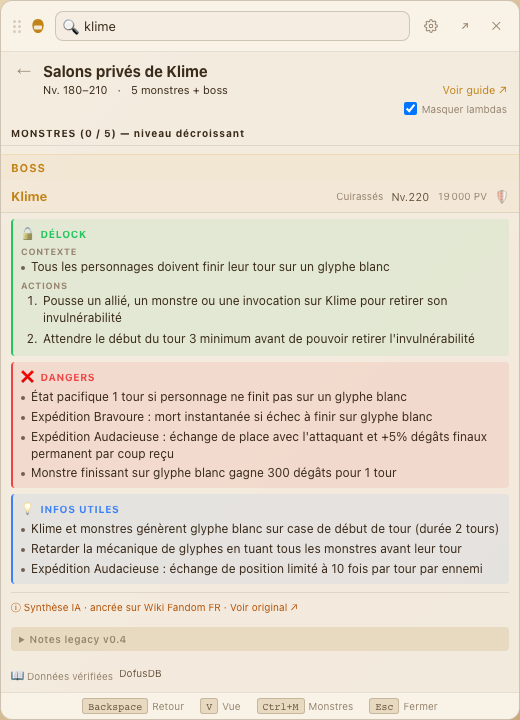 Dofus Companion — stratégie Klime en Songes Infinis : Débloquer, Dangers, Infos utiles dans une combat card