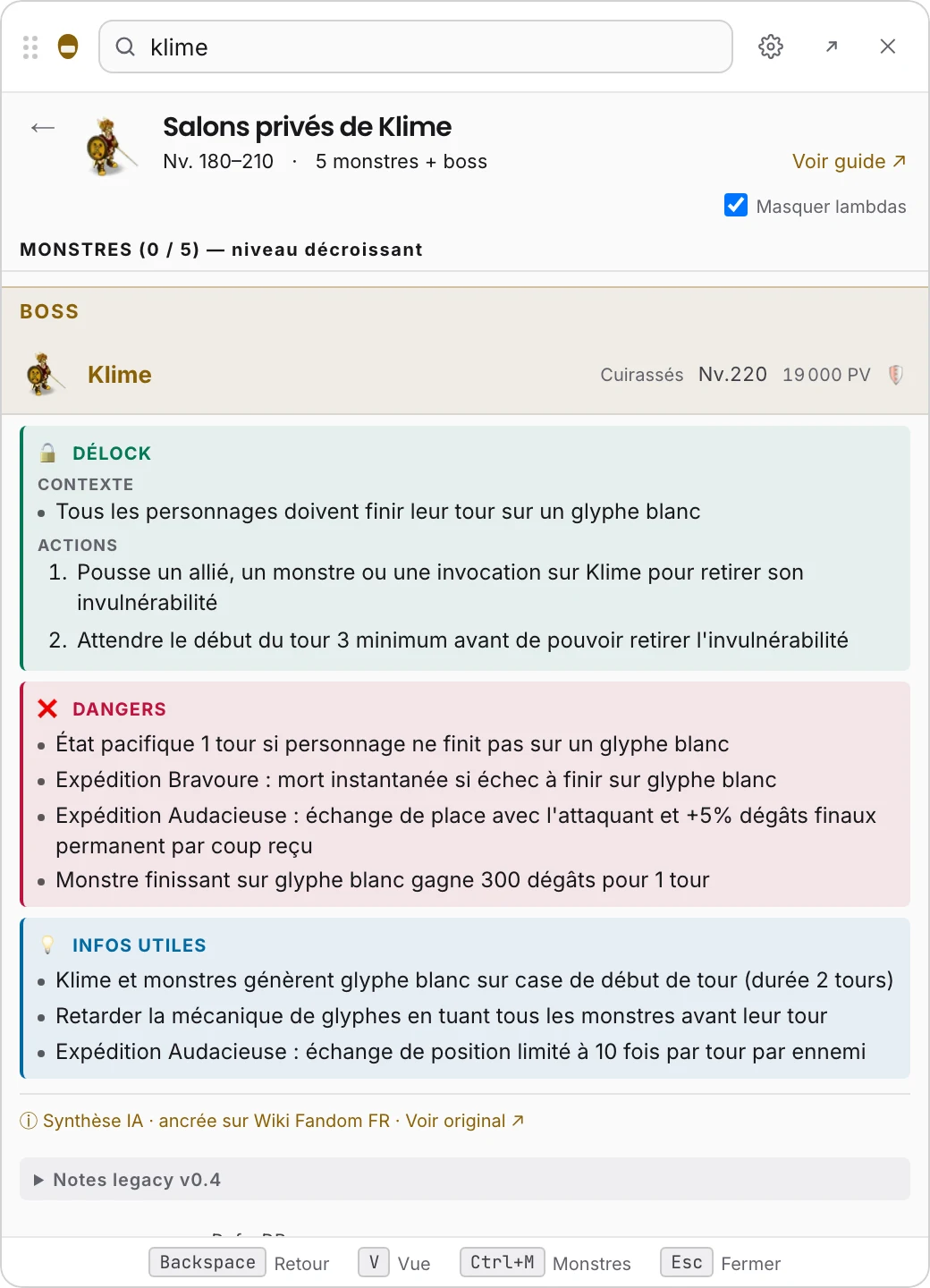 Dofus Companion — stratégie Klime en Songes Infinis : Débloquer, Dangers, Infos utiles dans une combat card