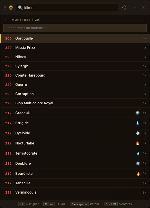 Dofus Companion — vue monstres Songes Infinis triée par niveau, identification rapide des adds