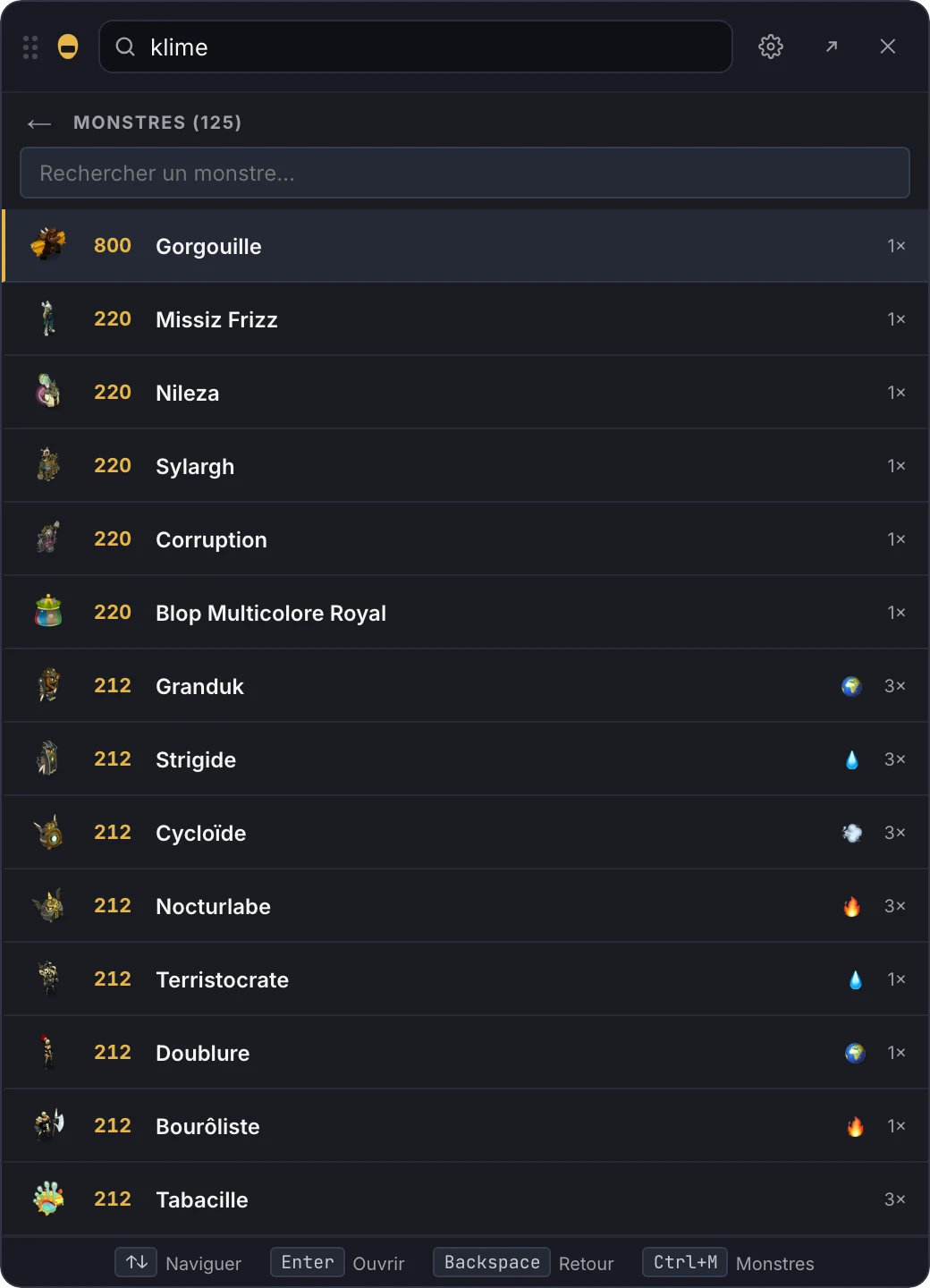 Dofus Companion — vue monstres Songes Infinis triée par niveau, identification rapide des adds