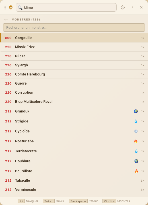 Dofus Companion — vue monstres Songes Infinis triée par niveau, identification rapide des adds