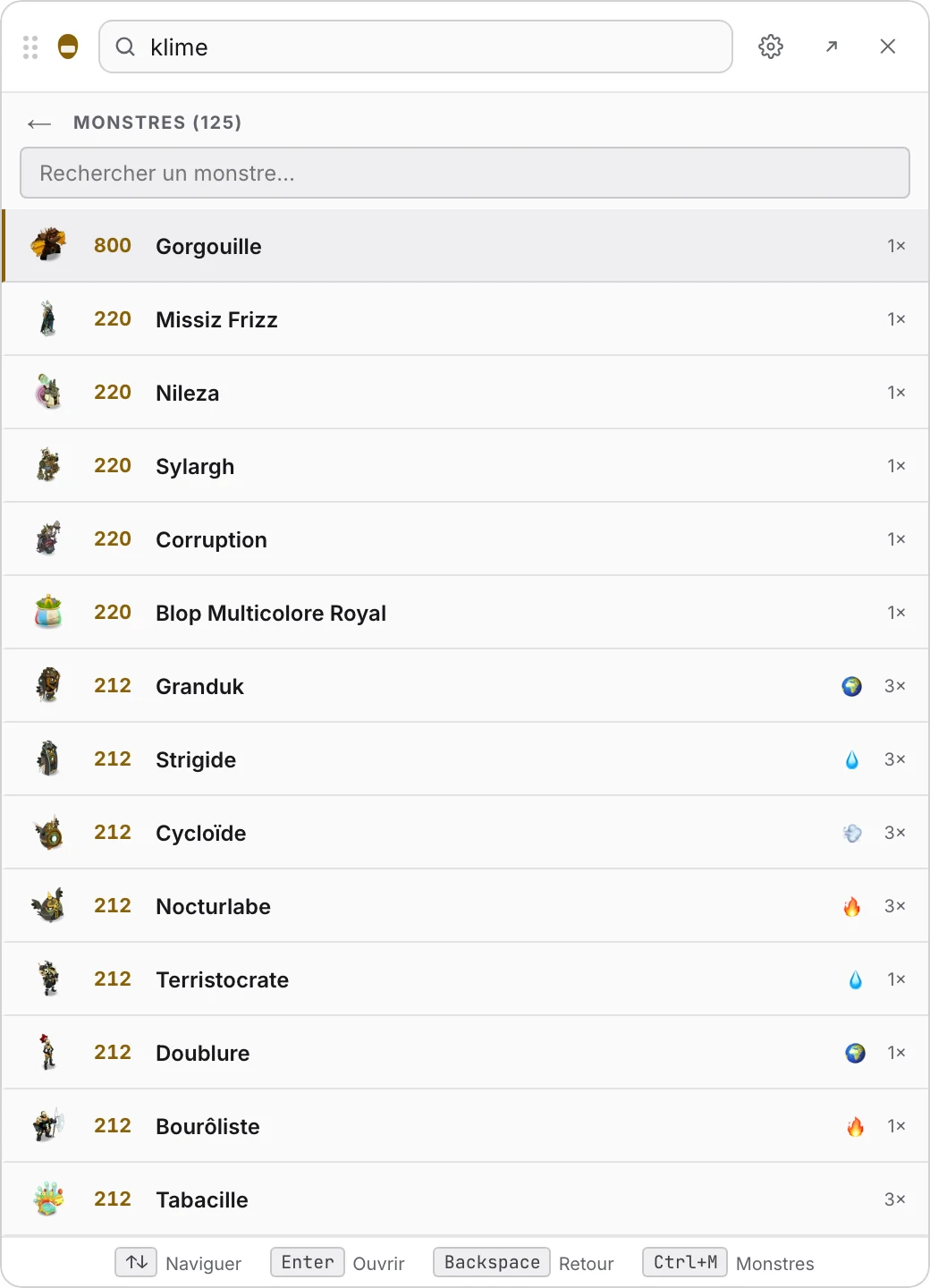 Dofus Companion — vue monstres Songes Infinis triée par niveau, identification rapide des adds
