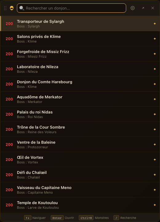 Écran de recherche avec la liste des donjons