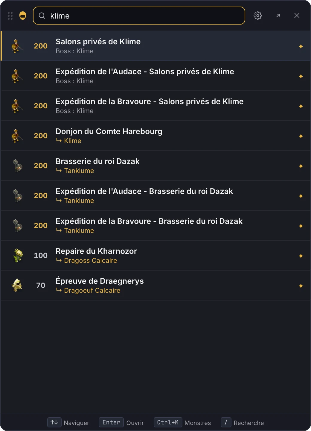 Écran de recherche avec la liste des donjons
