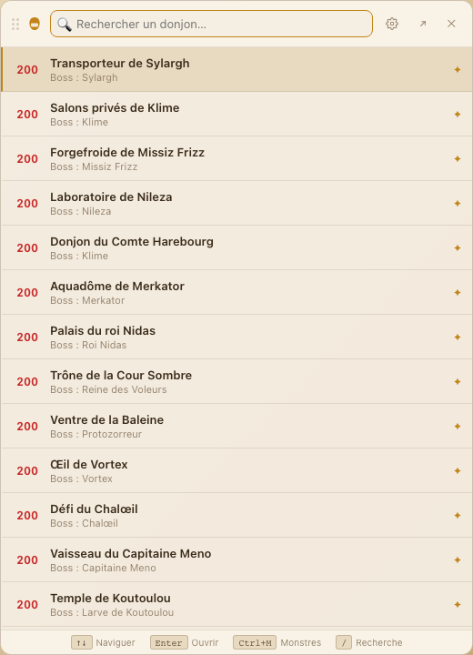 Écran de recherche avec la liste des donjons