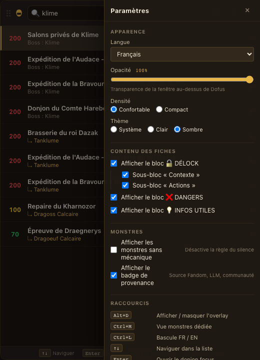 Panneau de paramètres ouvert, section Apparence