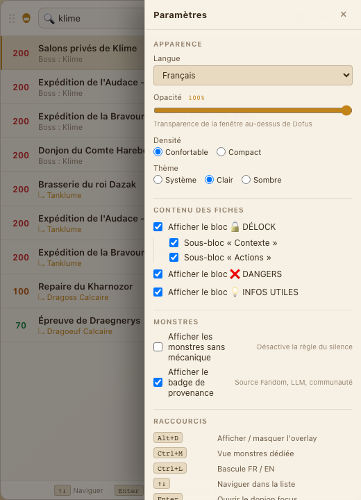 Panneau de paramètres ouvert, section Apparence